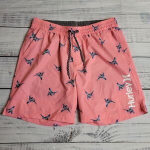 Hurley Mens Large Volley Board Shorts Elastic Waist Pink Blue Fish Lined 18" Leg